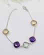 Faceted Amethyst, Citrine and Green Amethyst sterling silver crystal bracelet with delicate chain design.