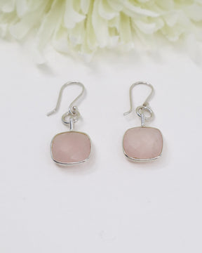Rose Quartz sterling silver faceted drop earrings in polished sterling silver with soft pink healing crystal gemstones.