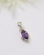 Faceted marquise Amethyst sterling silver pendant with deep violet gemstone in elegant polished silver setting.