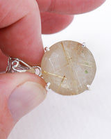 Brazilian Golden Rutilated Quartz sterling silver pendant with natural golden rutile needles, round faceted crystal pendant Australia.