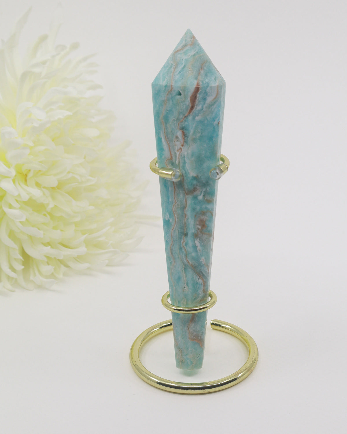 Natural blue Hemimorphite crystal wand 160g and 15.5cm with aqua blue, cream and earthy banding, polished crystal healing point.
