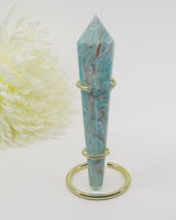 Natural blue Hemimorphite crystal wand 160g and 15.5cm with aqua blue, cream and earthy banding, polished crystal healing point.