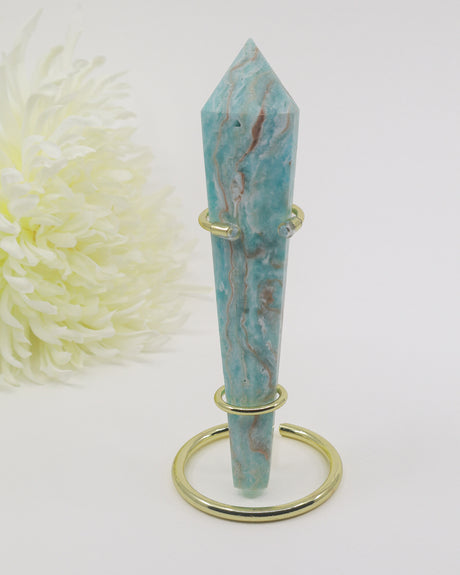 Natural blue Hemimorphite crystal wand 160g and 15.5cm with aqua blue, cream and earthy banding, polished crystal healing point.