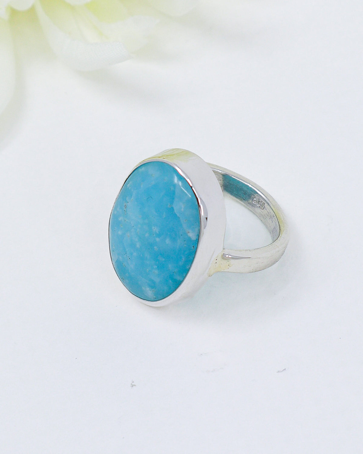 Natural blue Hemimorphite sterling silver ring size 8 with large oval cabochon, .925 crystal jewellery Australia.