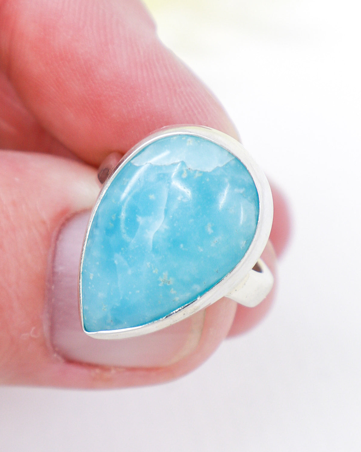 Natural blue Hemimorphite sterling silver ring Size 9 with teardrop cabochon, .925 silver crystal jewellery Australia.