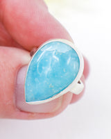 Natural blue Hemimorphite sterling silver ring Size 9 with teardrop cabochon, .925 silver crystal jewellery Australia.