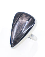 Hypersthene sterling silver ring size 8 with dark charcoal black and bronze reflective natural gemstone in an elongated shield setting.