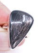 Hypersthene sterling silver ring size 8 with dark charcoal black and bronze reflective natural gemstone in an elongated shield setting.