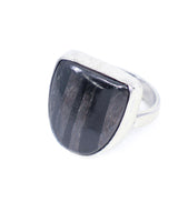Natural Hypersthene sterling silver ring Size 7 with dark charcoal black gemstone, subtle bronze shimmer and broad square statement setting.