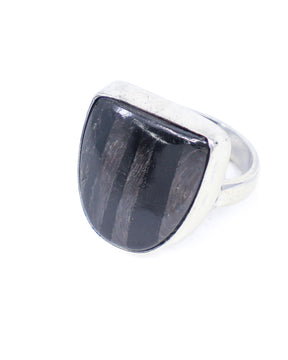 Natural Hypersthene sterling silver ring Size 7 with dark charcoal black gemstone, subtle bronze shimmer and broad square statement setting.