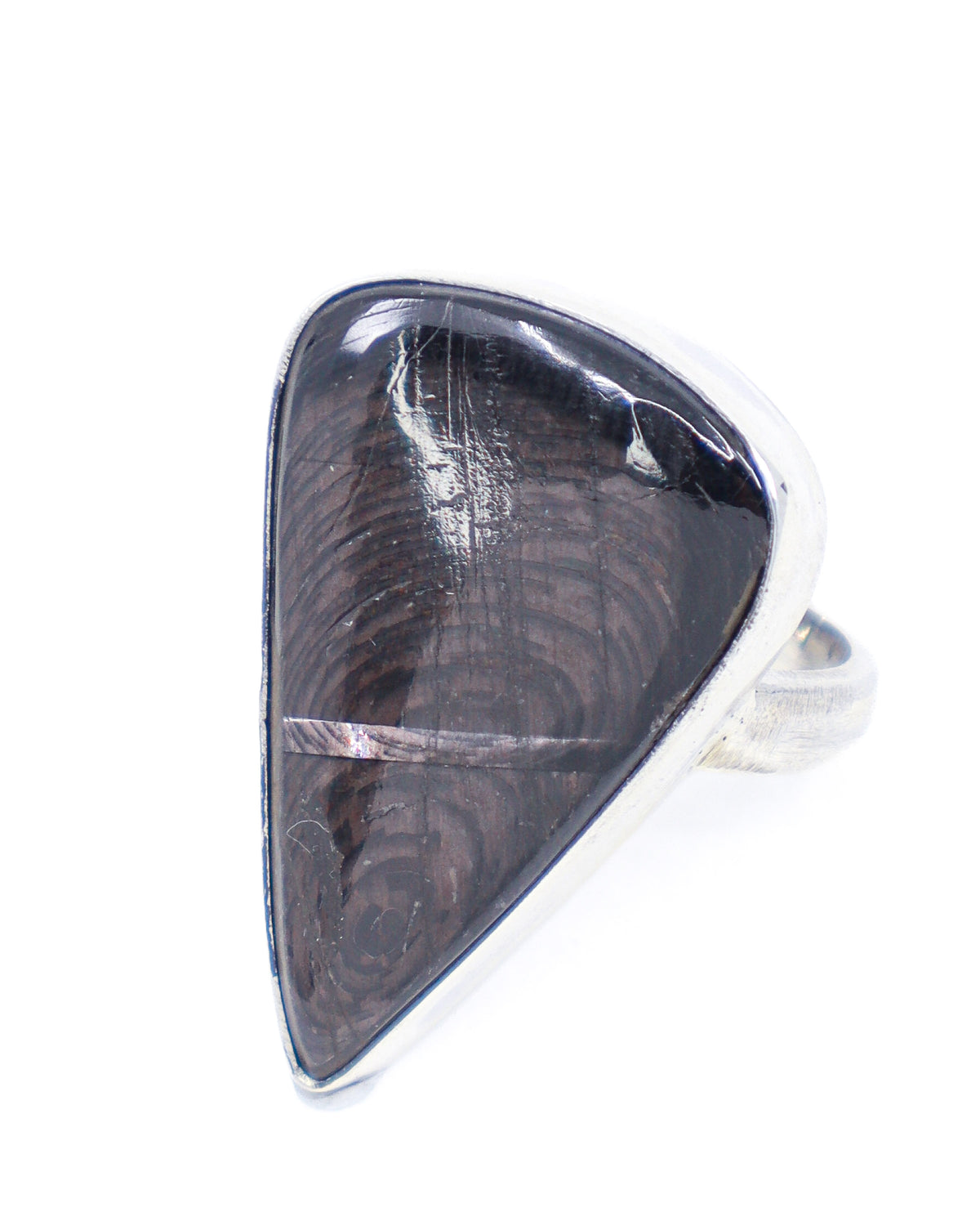 Natural Hypersthene sterling silver ring Size 9 with elongated teardrop gemstone, charcoal black colouring and bronze silver chatoyant flash.
