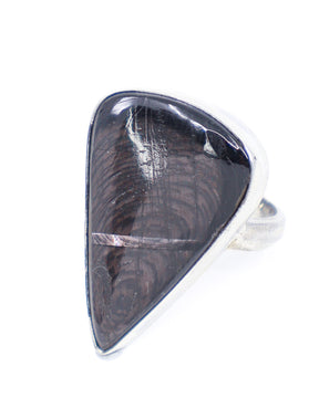 Natural Hypersthene sterling silver ring Size 9 with elongated teardrop gemstone, charcoal black colouring and bronze silver chatoyant flash.