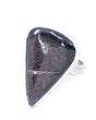 Natural Hypersthene sterling silver ring Size 9 with elongated teardrop gemstone, charcoal black colouring and bronze silver chatoyant flash.