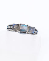 Natural Labradorite sterling silver ring Size 8 with three blue flash Labradorite gemstones and ornate oxidised silver detailing, crystal ring Australia.