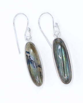 Natural Labradorite sterling silver drop earrings with blue teal green flash, elongated oval Labradorite gemstones in .925 silver.
