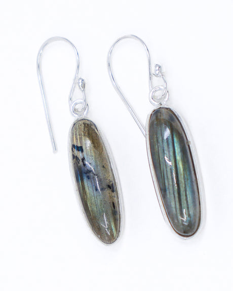 Natural Labradorite sterling silver drop earrings with blue teal green flash, elongated oval Labradorite gemstones in .925 silver.