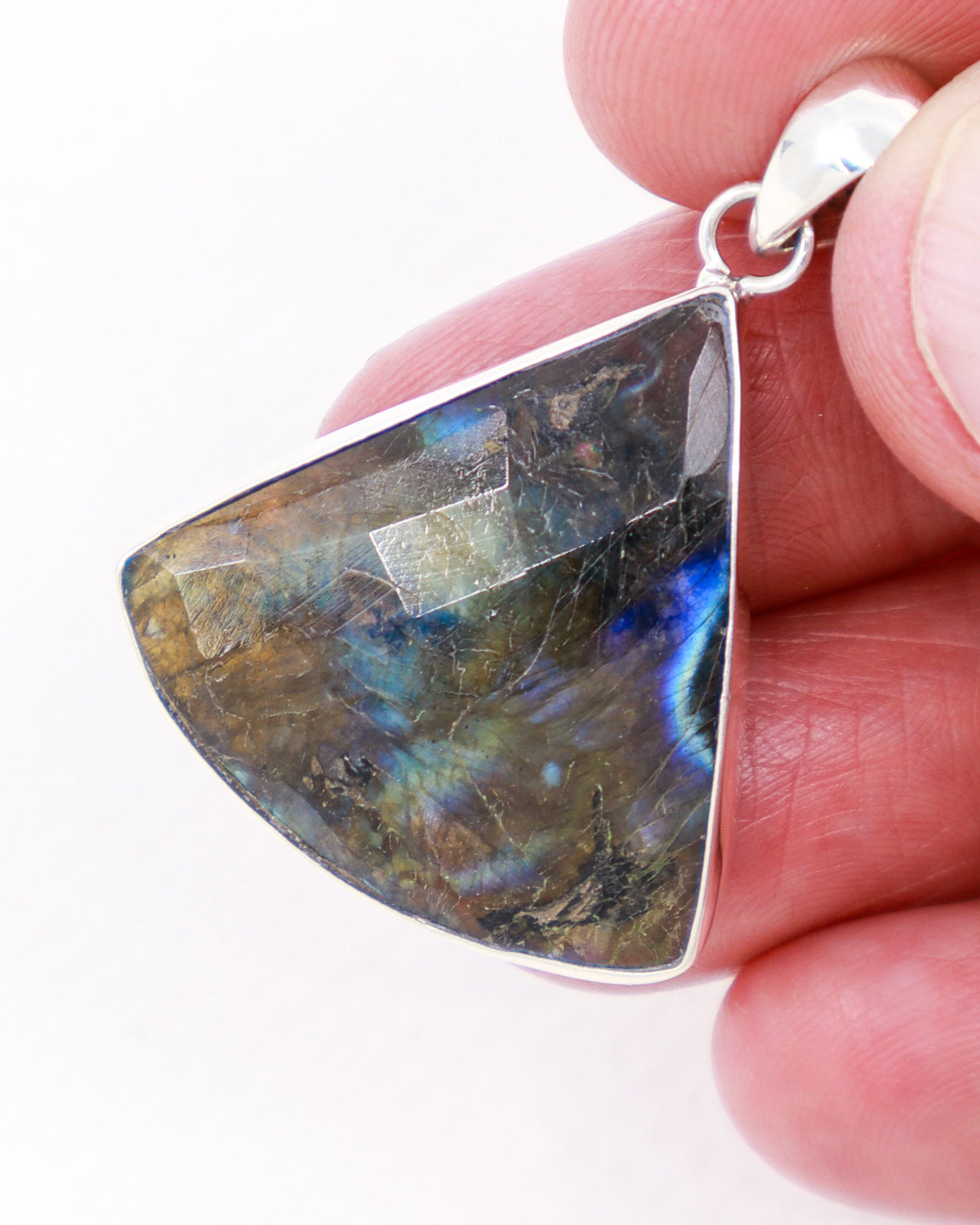 Natural faceted Labradorite sterling silver pendant with blue, green, aqua and gold flash, geometric fan-shaped Labradorite crystal jewellery.