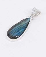 Natural Labradorite sterling silver pendant 5cm with vivid blue, aqua, green and golden flash, elongated teardrop gemstone and ornate silver bail.