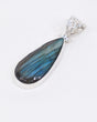 Natural Labradorite sterling silver pendant 5cm with vivid blue, aqua, green and golden flash, elongated teardrop gemstone and ornate silver bail.