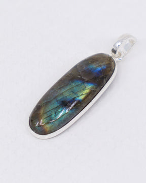 Natural Labradorite sterling silver pendant with vivid electric blue, turquoise, green and golden flash, elongated oval Labradorite crystal pendant in .925 silver.