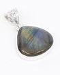 Natural Labradorite sterling silver pendant with gold, green, blue and violet flash, rounded triangular gemstone and ornate .925 silver scrollwork bail.