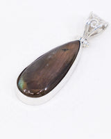 Natural Labradorite sterling silver teardrop pendant with bronze gold, green and blue flash, ornate .925 silver scrollwork bail and complimentary snake chain.