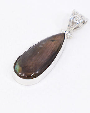 Natural Labradorite sterling silver teardrop pendant with bronze gold, green and blue flash, ornate .925 silver scrollwork bail and complimentary snake chain.