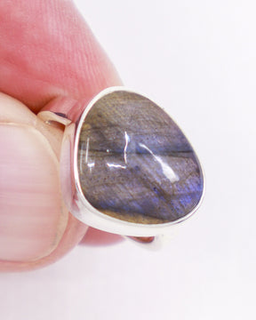 Natural Labradorite sterling silver ring size 6 with violet blue and lavender flash, triangular Labradorite gemstone crystal ring.