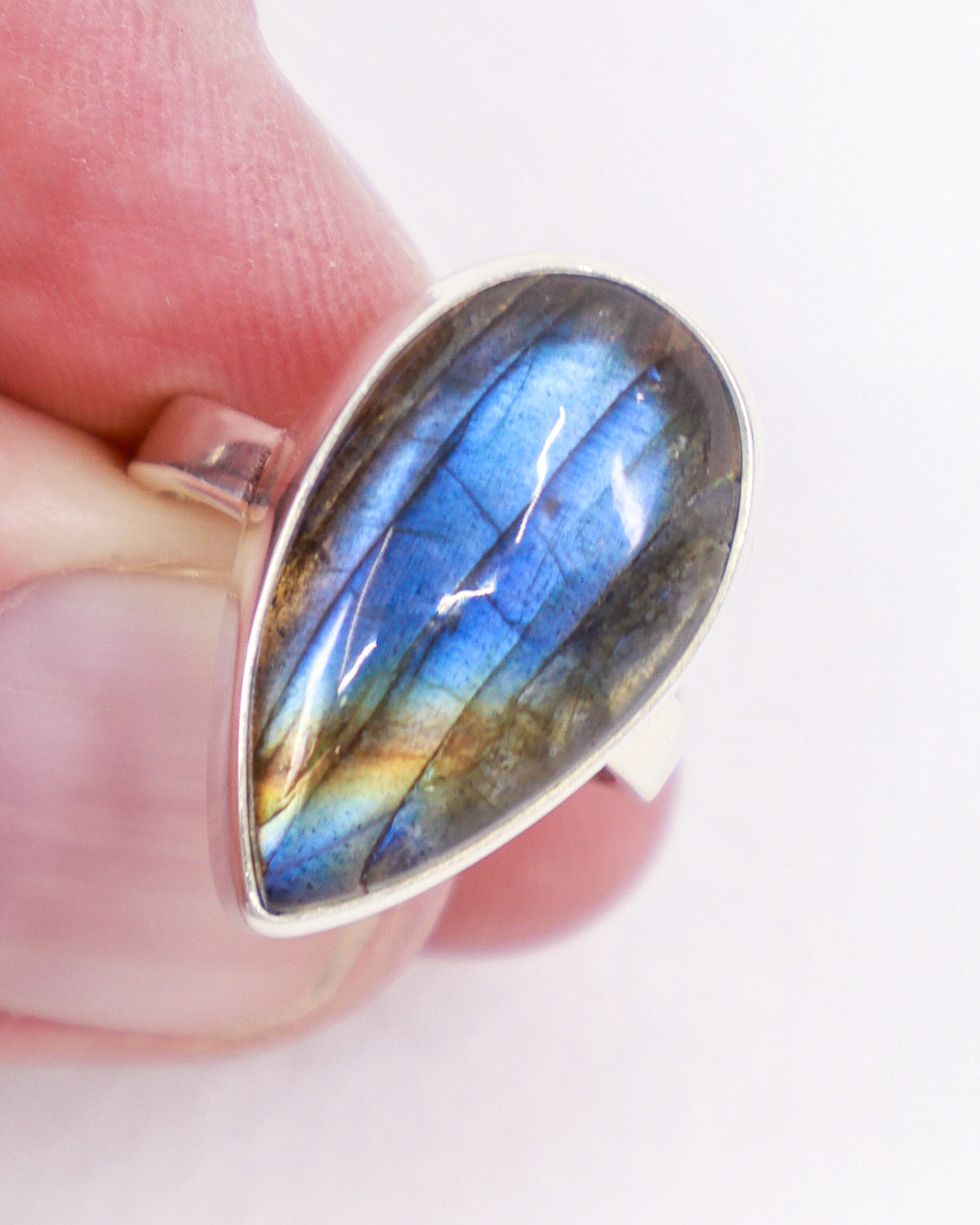 Natural Labradorite sterling silver ring Size 6 with vivid electric blue turquoise and golden flash, teardrop Labradorite crystal ring Australia.