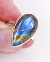 Natural Labradorite sterling silver ring Size 6 with vivid electric blue turquoise and golden flash, teardrop Labradorite crystal ring Australia.