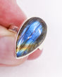 Natural Labradorite sterling silver ring Size 6 with vivid electric blue turquoise and golden flash, teardrop Labradorite crystal ring Australia.