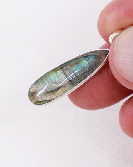 Natural Labradorite sterling silver pendant with aqua blue, green and golden flash, elongated teardrop Labradorite gemstone in .925 silver with snake chain.