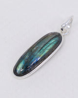 Natural Labradorite sterling silver pendant with vivid turquoise blue and green flash, elongated oval Labradorite gemstone in .925 silver with snake chain.