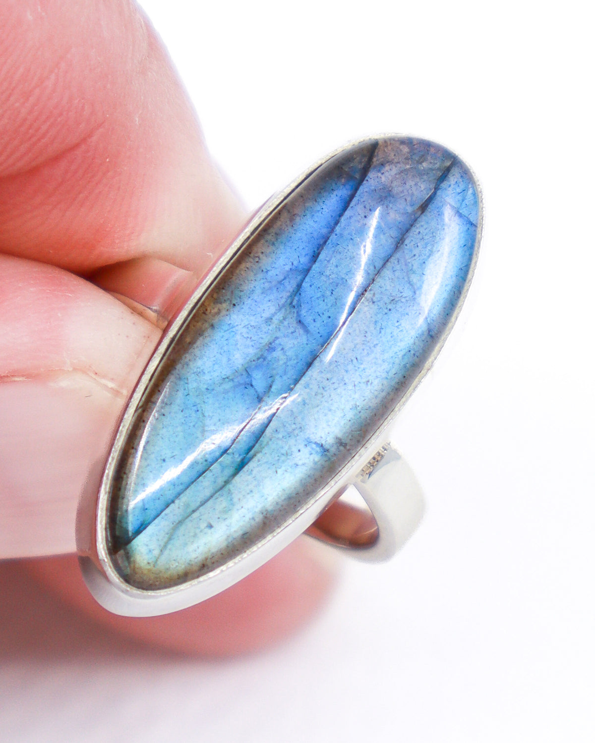 Natural Labradorite sterling silver ring Size 8 with vivid electric blue and aqua flash, elongated oval gemstone and polished .925 silver setting.
