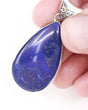 Large natural Lapis Lazuli sterling silver pendant with royal blue teardrop gemstone, golden pyrite and decorative silver bail, crystal jewellery Australia.