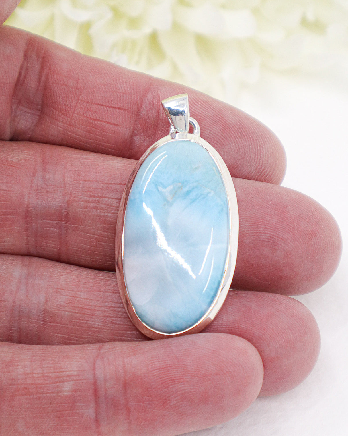 Large Oval Larimar Silver Pendant | Ocean Serenity & Soul Healing
