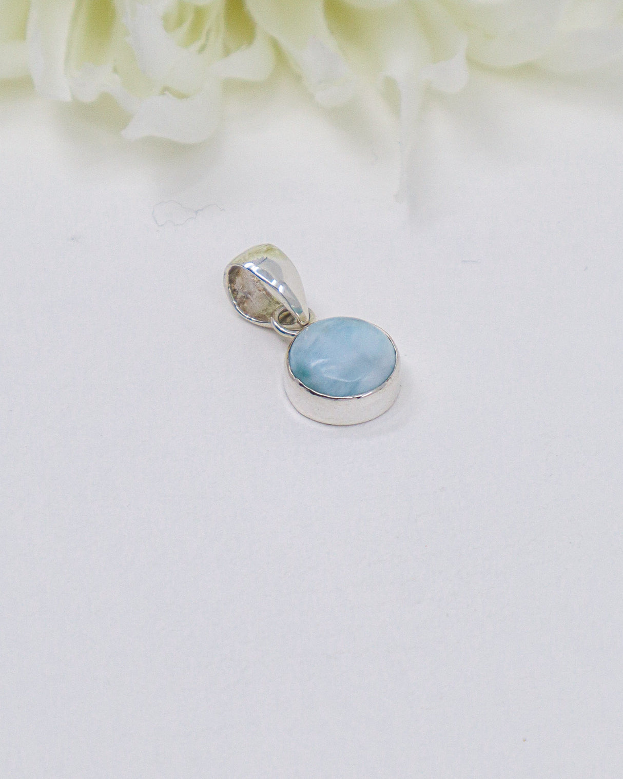 Petite Round Larimar Silver Pendant | Peace & Ocean Serenity
