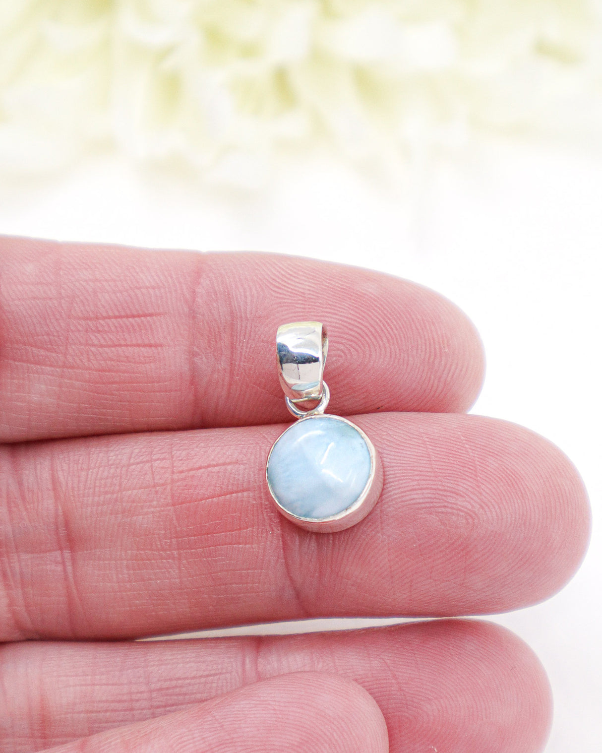 Petite Round Larimar Silver Pendant | Peace & Ocean Serenity