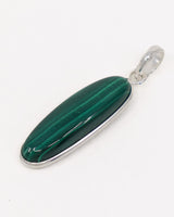 Natural Malachite sterling silver pendant with deep emerald green banding, elongated teardrop gemstone set in .925 silver with complimentary snake chain.