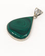 Large natural Malachite sterling silver pendant with striking concentric emerald green banding, teardrop gemstone and ornate .925 silver bail.