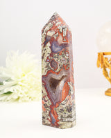 Money Agate Tower Australia 568g with druzy centre and red banding, wealth and manifestation crystal
