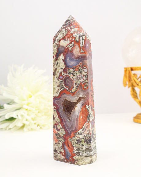 Money Agate Tower Australia 568g with druzy centre and red banding, wealth and manifestation crystal
