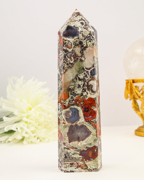 Money Agate Tower Australia 721g with green, cream and red natural patterns, grounding and abundance crystal.
