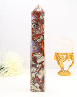 Large polished Money Agate crystal tower with red, cream and earthy natural patterns displayed beside a ruler.