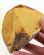 Golden yellow Australian Mookaite Jasper natural specimen, 589 g, with ochre stone, rust brown raw edges and dark earthy markings.
