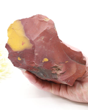 Large Australian red Mookaite Jasper natural specimen weighing 1.336 kg, with a golden yellow patch, smaller yellow markings and rugged raw edges.