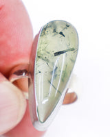 Natural Prehnite with Epidote sterling silver ring Size 9 featuring translucent pale green Prehnite with black needle inclusions in .925 silver.