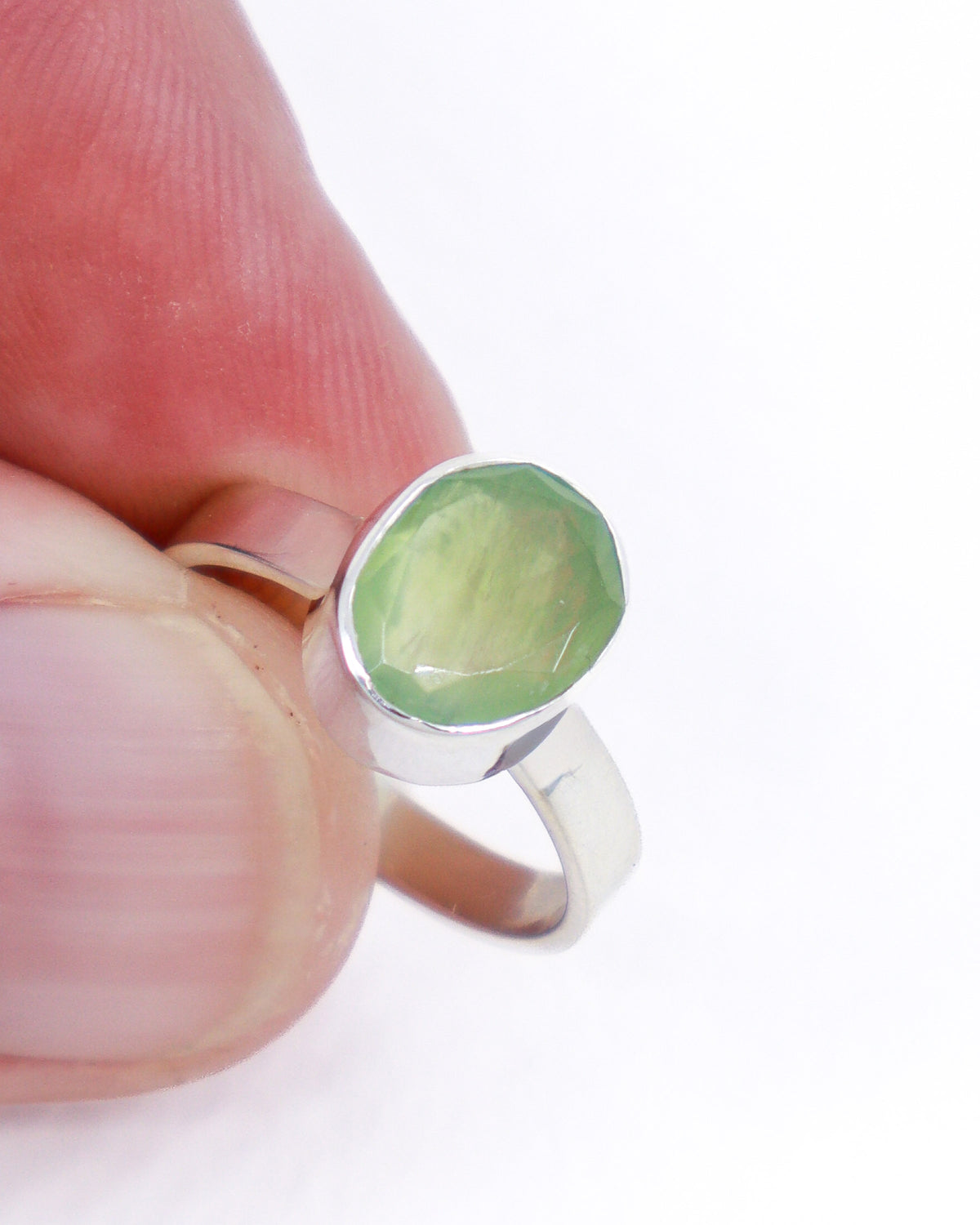 Natural Prehnite sterling silver ring Size 7 with faceted pale apple green gemstone set in polished .925 silver.