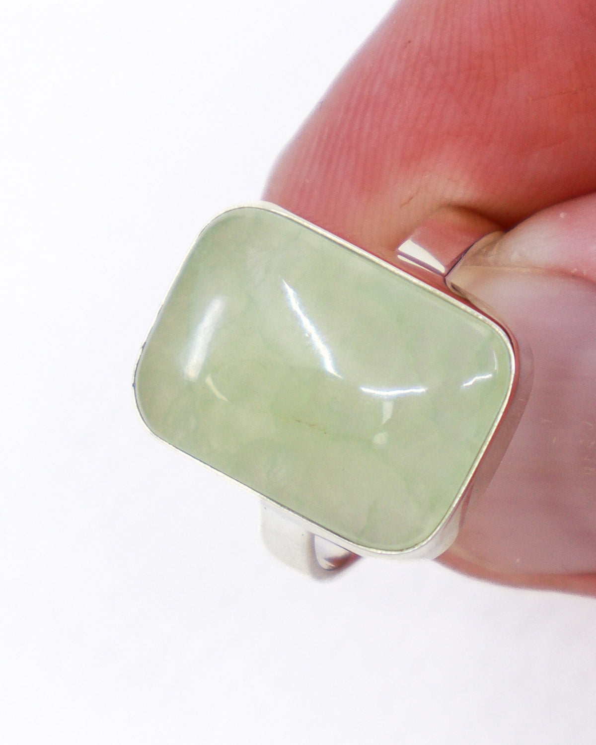 Natural Prehnite sterling silver ring Size 9 with large pale apple-green rectangular cabochon gemstone in polished .925 silver.