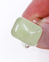Natural Prehnite sterling silver ring Size 9 with large pale apple-green rectangular cabochon gemstone in polished .925 silver.